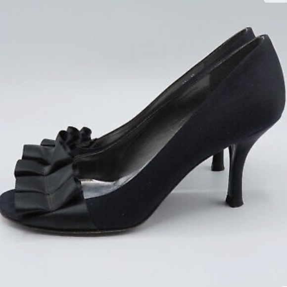 Stuart Weiztman Black Satin High Heel 3" Slip On Open Toe Pump Women Size 7.5 - Picture 3 of 7